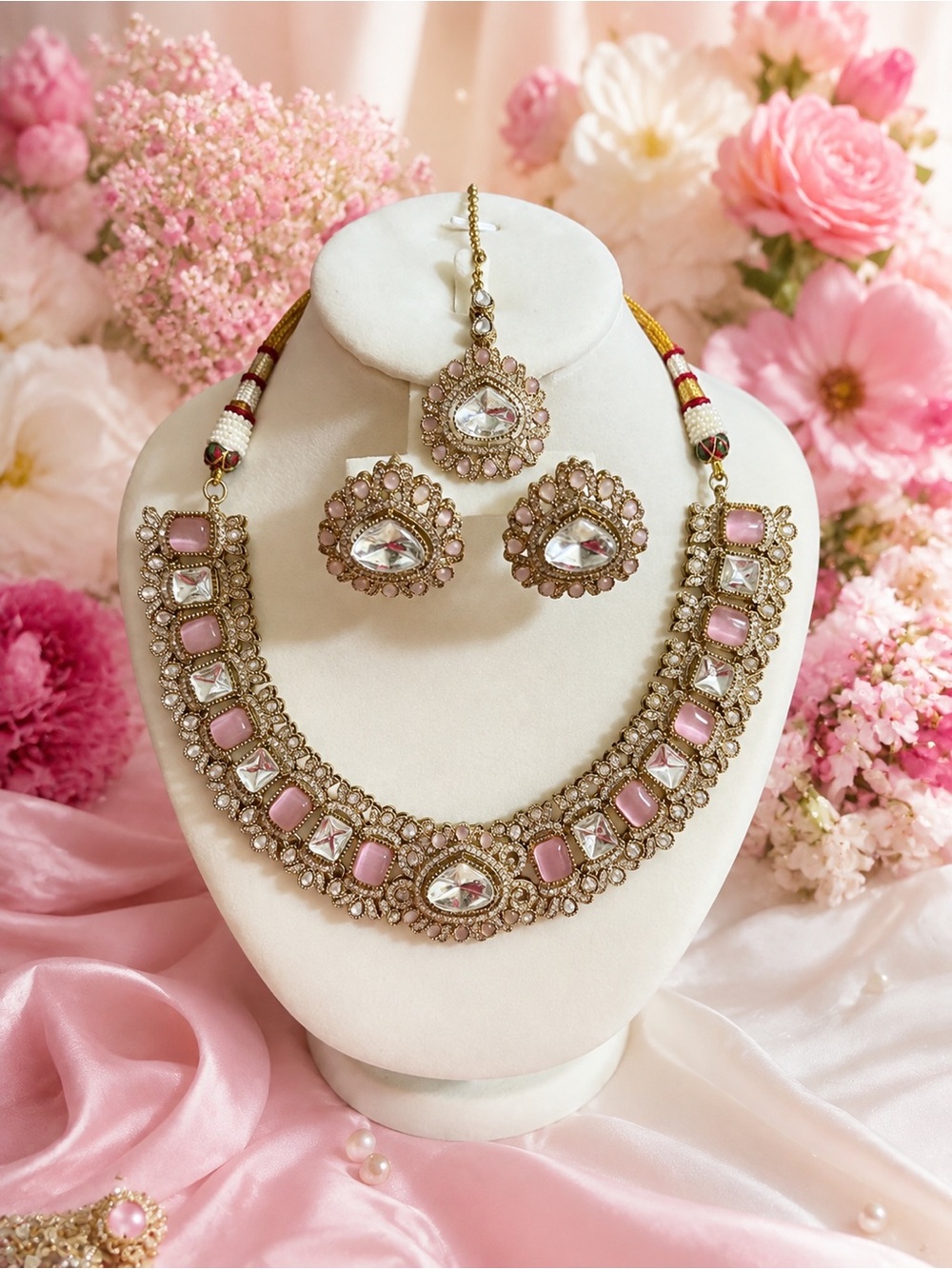 Elegant Pink and Gold Bridal Necklace Set with Earrings and Maang Tikka
